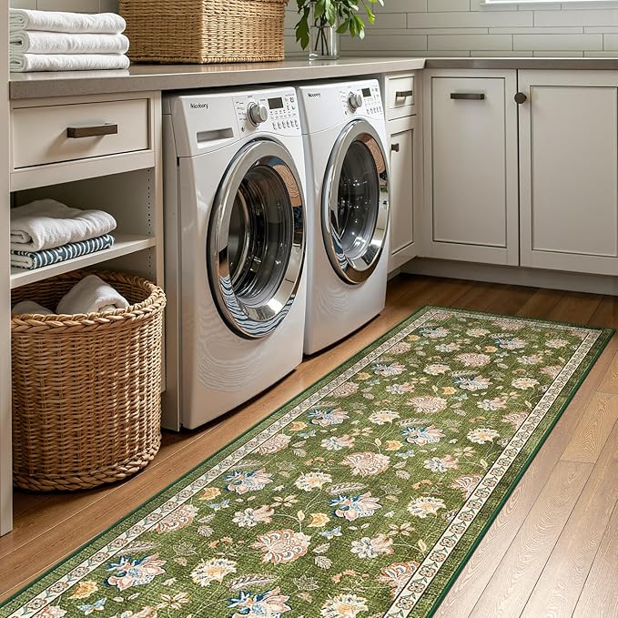 jinchan Elora 3x10 Floral Runner Rug for Hallway Washable Kitchen Runner Vintage Romance Design Non Slip Thin Indoor Floor Cover Low-Profile Throw Carpet for Entryway Bathroom Bedroom Porch, Green