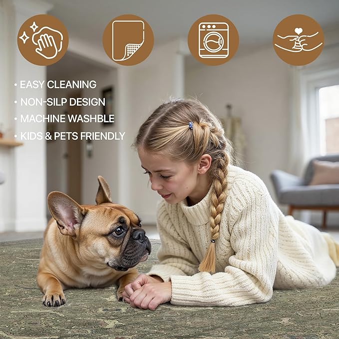 3x5 Area Rug Machine Washable Boho Rug for Living Room,Ultra-Thin Low Pile Carpet,Lightweight Indoor Printed Rug,Non Slip Floral Area Rug for Bedroom, Dining Room, Home Office,Muted Green