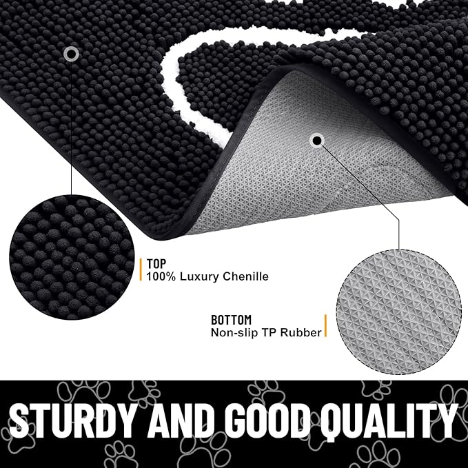 Smiry Dog Door Mat for Muddy Paws, Absorbent Dirt Trapper Non Slip Quick Dry Washable Chenille Mat for Mud Dogs, Entry Rug for Indoor and Outdoor (30x20 Inches, Black and White)