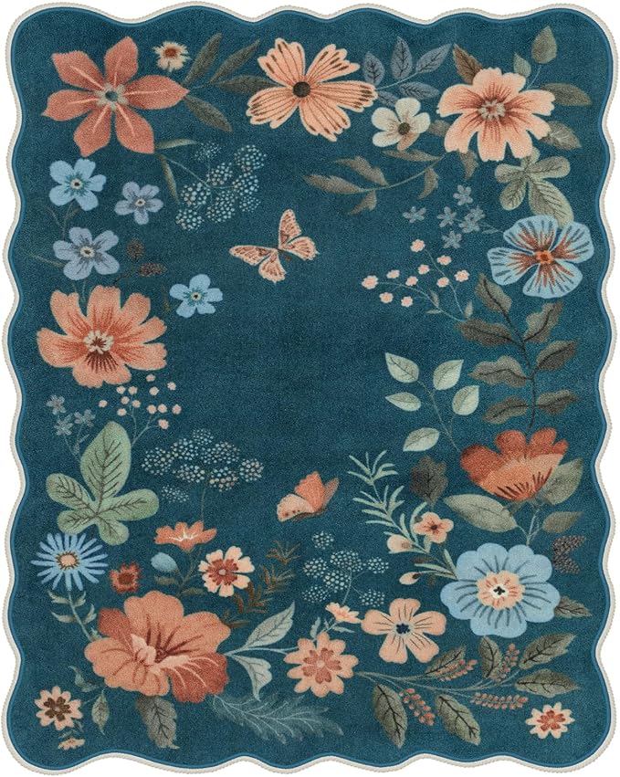 Lahome Floral Washable Rugs 8x10, Non-Slip Soft 8x10 Rugs for Living Room Bedroom, Ultra-Thin Stain Resistant Easy Clean Boho Blue Accent Carpet for Dining Room Office(8x10ft,Navy Blue)