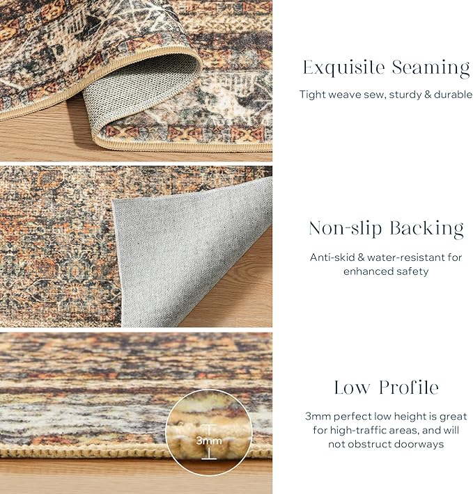 Phantoscope Washable Area Rug 4'x6' Non-Slip, Vintage Neutral Rugs for Living Room, Bedroom, Dining Room, Distressed Boho Floral Medallion Pattern, Low-Pile Foldable Carpet, Brown/Charcoal Spice