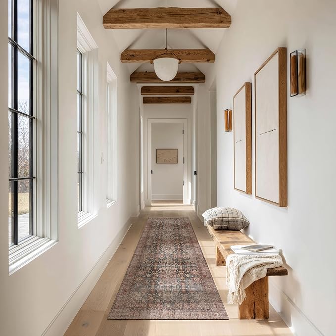 Kuden 2'6"x7' Runner Rug, Machine Washable Area Rug with Non-Slip Backing, Vintage Style, Soft, Easy Clean, Low Pile Rug for Hallway, Entryway, Kitchen, Bedroom