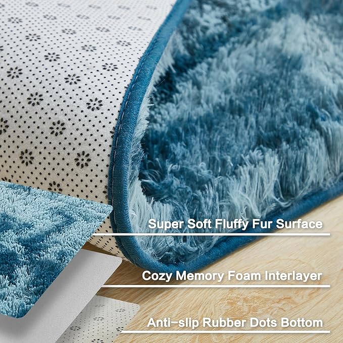 Andency Area Rugs 9x12 for Living Room Home Decor, Large Shaggy Bedroom Carpet, Non-Slip Big Shag Indoor Thick Soft Fluffy Furry Fur Area Rugs for Kids Dorm Nursery Aesthetic, Tie-Dyed Navy Blue