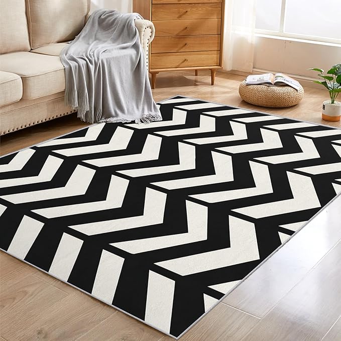 4x6 Black and White Chevron Rugs for Bedroom Decor, Washable Chevron Geometric Pattern Area Rug, Living Room Home Decoration, Non Slip Soft Thin, Modern Zigzag Decor Carpet PF-P 49