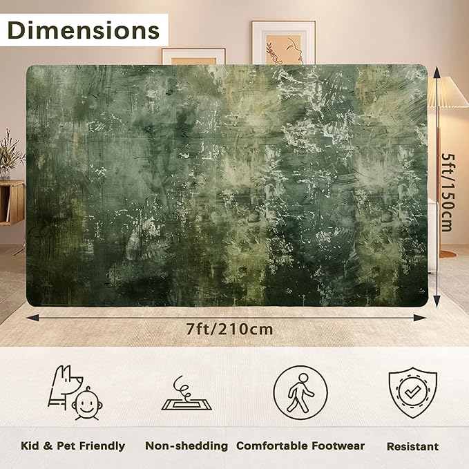Green Vintage Distressed Carpet for Living Room, 5x7 Non-Slip Washable Low Pile Abstract Design Rug, Space Saving Area Rug for Bedroom, Dining Room