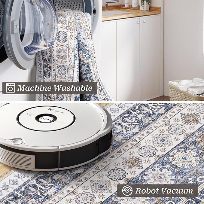 zesthome Washable Runner Rug 2.5x10 - Stain Resistant Entryway Rug,Ultra-Thin Kitchen Rugs, Anti Slip Backing Runner Rugs for Entrance Laundry Room Indoor Hallway (Blue/Beige,2.5'x10')