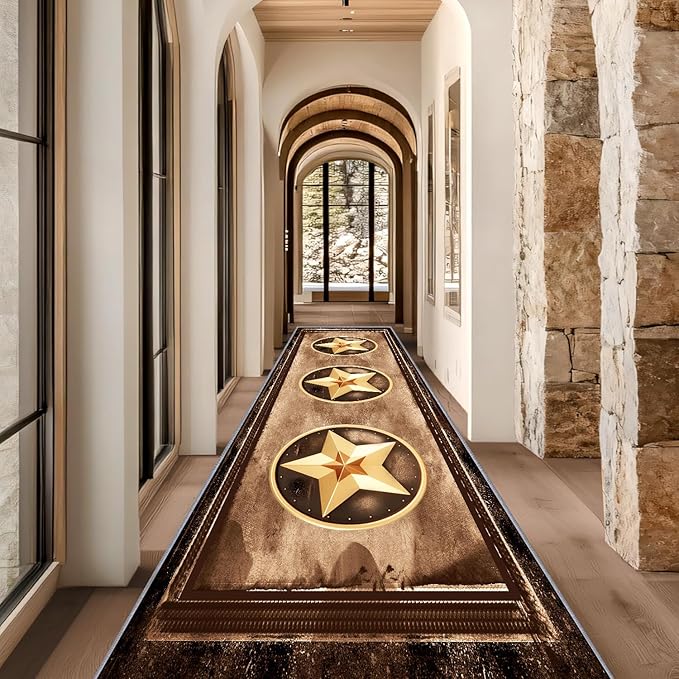Gold Five-Point Star Runner Rug, 1.3x7ft Washable Hallway Badge Carpet, Corridor Accent Rugs, Stylish Decorative Runner for Home Hallway & Foyer, Vintage Style Non-Slip Mat