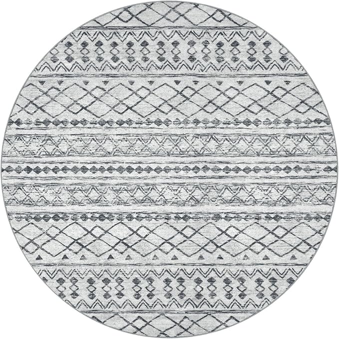KUTA Washable Circle Rug 3Ft Grey Moroccan Washable Round Area Rugs Boho Foyer Kitchen Carpet, Non-Slip Soft Distressed Geometric Entryway Mat Low-Pile Throw for Hallway Bedroom Nursery Dorm