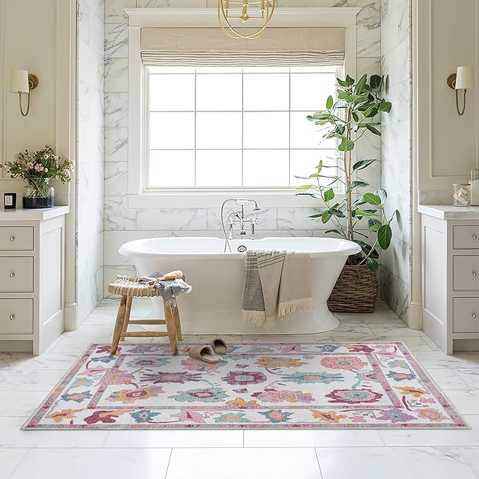Fame Living Pink Oushak Rug, Modern, Vintage, Turkish, Eclectic, Floral, Pastel, Washable, Area Rugs for Living Room, Dining, Bedroom, Nursery, Girls, Boys, 5'9"x8'9"