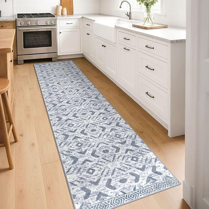 KILOCOCO Hallway Runner Rug 2'x8' Runners for Hallways Washable Runner Rug Non Slip Laundry Room Rugs Low-Pile Runners for Bedroom Kitchen Living Room Boho Rugs, Grey White