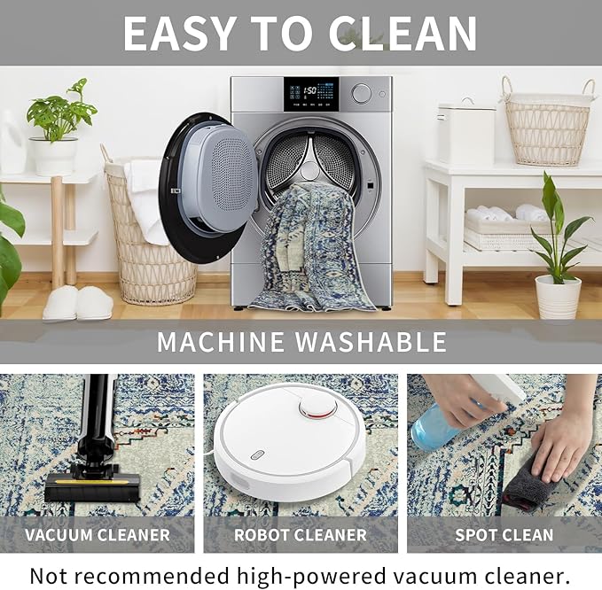 Easy-Going Boho Area Rug 3x5 Entryway Rug Washable Inside Door Mats for Home Entrance Non-Slip Vintage Distressed Small Rugs for Entry Living Room Bedroom Kitchen Office Lightweight Carpet, Blue Cream