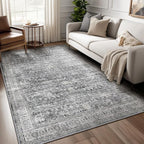Washable Gray 5x8 Area Rugs, Neutral Vintage Grey and Ivory Carpet for Living Room Bedroom, Low Pile Thin Rug with Non Slip Rubber Backing for Dining Room Home Office
