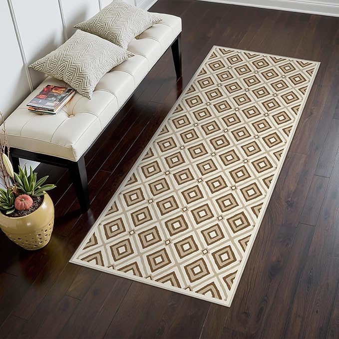 Bavni Hallway Runner Rug Machine Washable, 2x10 Non Slip Lightweight Washable Runners, Moroccan Checkered Rug for Entryway Laundry Kitchen Bathroom Corridor Bedside, Yellow Brown