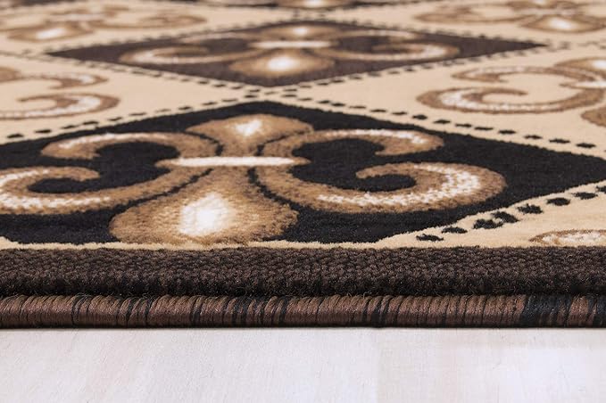 Allstar 8x10 Black Modern Rectangular Accent Rug with Ivory and Mocha Floral Fleur De Lis Diamond Design (8' x 10')