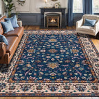 Tangsoo 5x7 Washable Rug, Floral Vintage Large Area Rugs for Living Room, Indoor Non Slip Print Floor Carpet, Soft Low Pile Machine Washable Rug for Bedroom Dining Room Dorm Home Decor Navy Blue