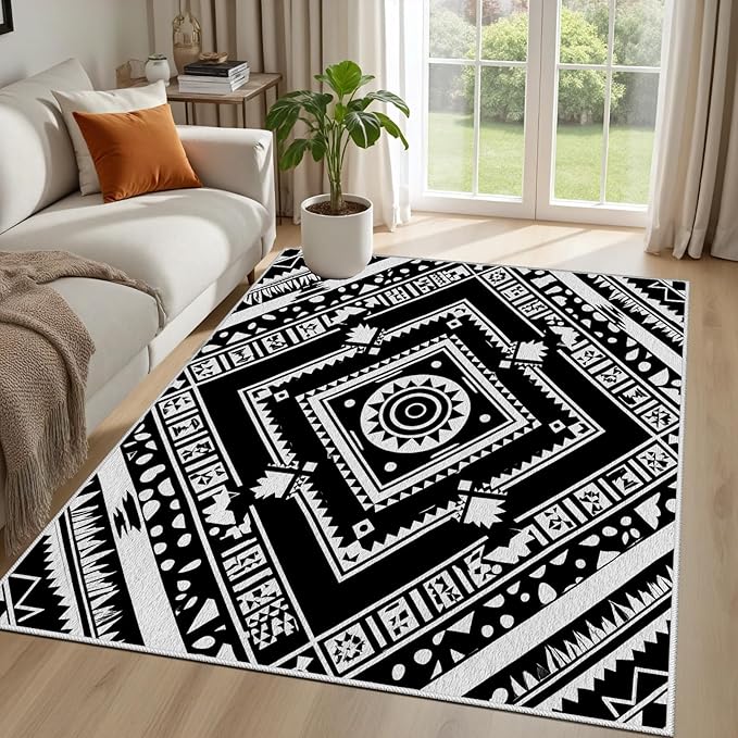 Area Rugs for Living Room 3x5, Moroccan Washable Low Pile Rug, Boho Neutral Farmhouse Ultra Soft Carpet for Bedroom Dining Room Home Decor, Geometric Print Tribal Carpets Black and White