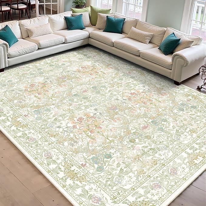 Floral Sage Green Washable Area Rugs 9x12 for Living Room, Vintage Large Thin Botanical Rug for Bedroom, Dining Room Under Table - Cottagecore Soft Boho Accent Carpet with Low Pile & Non-Slip
