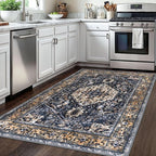 KOZYFLY Boho Area Rug 4x6 Ft Rugs for Entryway Washable Entry Rug Non Slip Rugs for Living Room Gold Navy Printed Faux Wool Vintage Bedroom Throw Rug for Entrance Kitchen Living Room