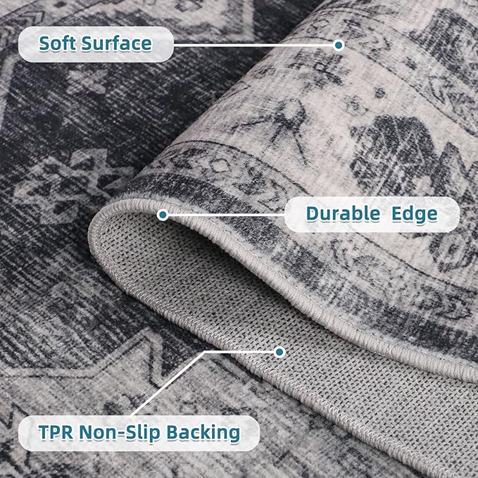 Dripex Vintage Washable Area Rug - 5x8 Distressed Rugs for Living Room Bedroom Oriental Medallion Floral Print Carpet Low-Pile Indoor Soft Non-Slip Accent Rug Farmhouse Office Home Decor