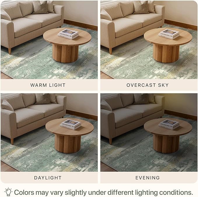 GENIMO Round Area Rugs 5FT for Living Room, Washable Circle Rug Low Pile, Non Slip Abstract Carpet for Bedroom, Enytryway, Kitchen, Light Green