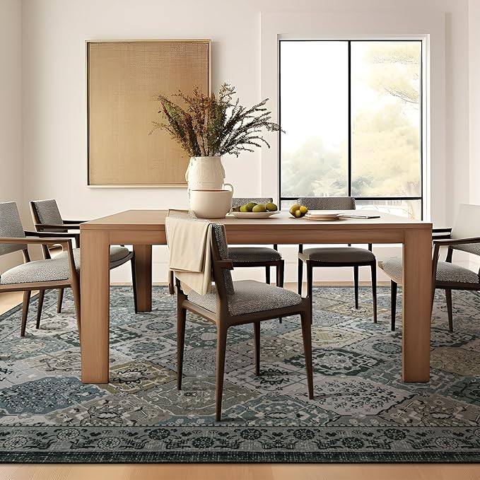 Phantoscope Washable Area Rug 4'x6' Non-Slip, Vintage Boho Rugs for Living Room, Bedroom, Dining Room, Distressed Moroccan Mosaic Diamond Pattern, Low-Pile Foldable Floor Carpet, Grey Charcoal