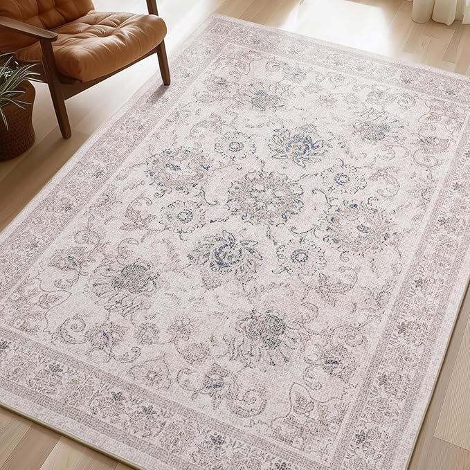 Phantoscope Washable Area Rug 4'x6' Non-Slip, Vintage Neutral Rugs for Living Room, Bedroom, Dining Room, Distressed Boho Floral Medallion Pattern, Low-Pile Foldable Floor Carpet, Cream Beige/Neutral