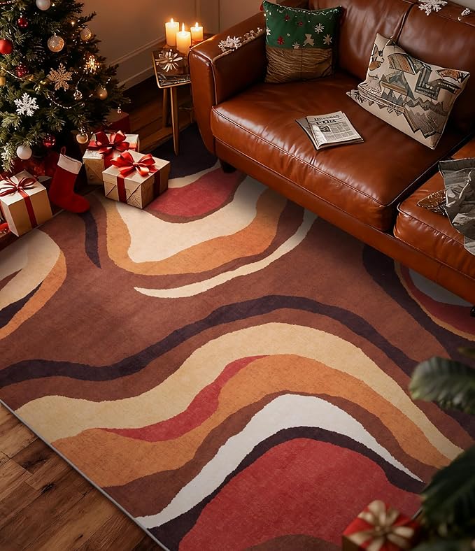 YIHOUSE Burnt Orange Rug 3x5 Washable,Farmhouse Brown Retro Carpets,Geometric Abstract Wavy Rug for Bedroom,Unique Colorful Rugs for Living Room,Dining Room,Bedside Rugs