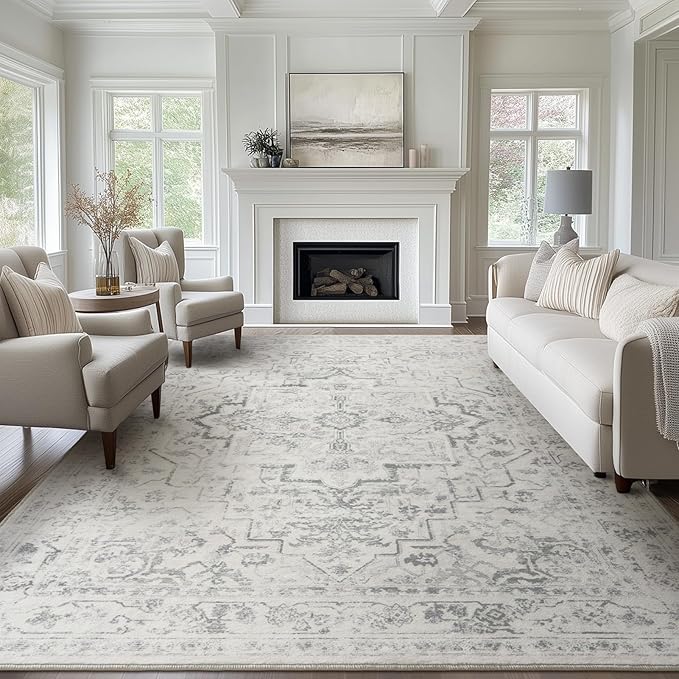 Extra Large Area Rugs 10x14 for Living Room, Farmhouse Distressed Printed Carpet Rugs for Bedroom Low Pile Thin, Non Slip Washable Neutral Boho Rug for Dining Room, Off White/Grey
