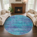 Round 5ft Abstract Rug, Modern Washable Indoor Circle Area Rugs for Living Room, Soft Circular Non-Slip Carpet Floor Mat for Entryway Dining Room Home Office - Teal+Purple