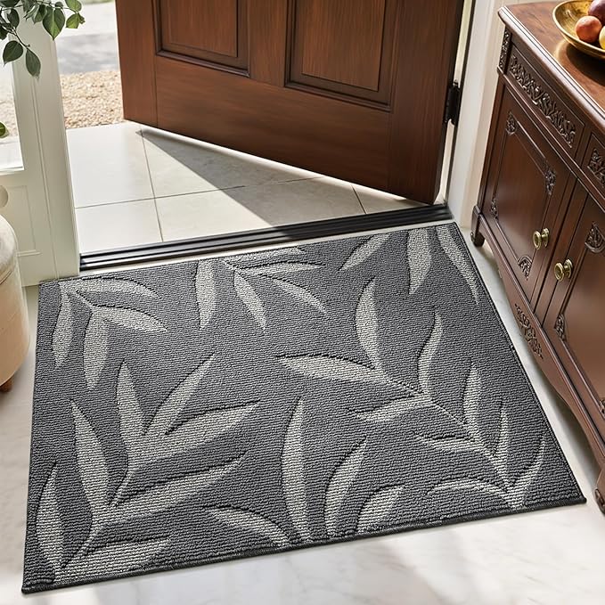 LUMI Indoor Door Mat 24x36, Washable Front Doormat with Welcome Leaf Pattern, Non-Slip Rubber Back Absorbent Mats for Entrance, Patio, Garage, Dark Grey