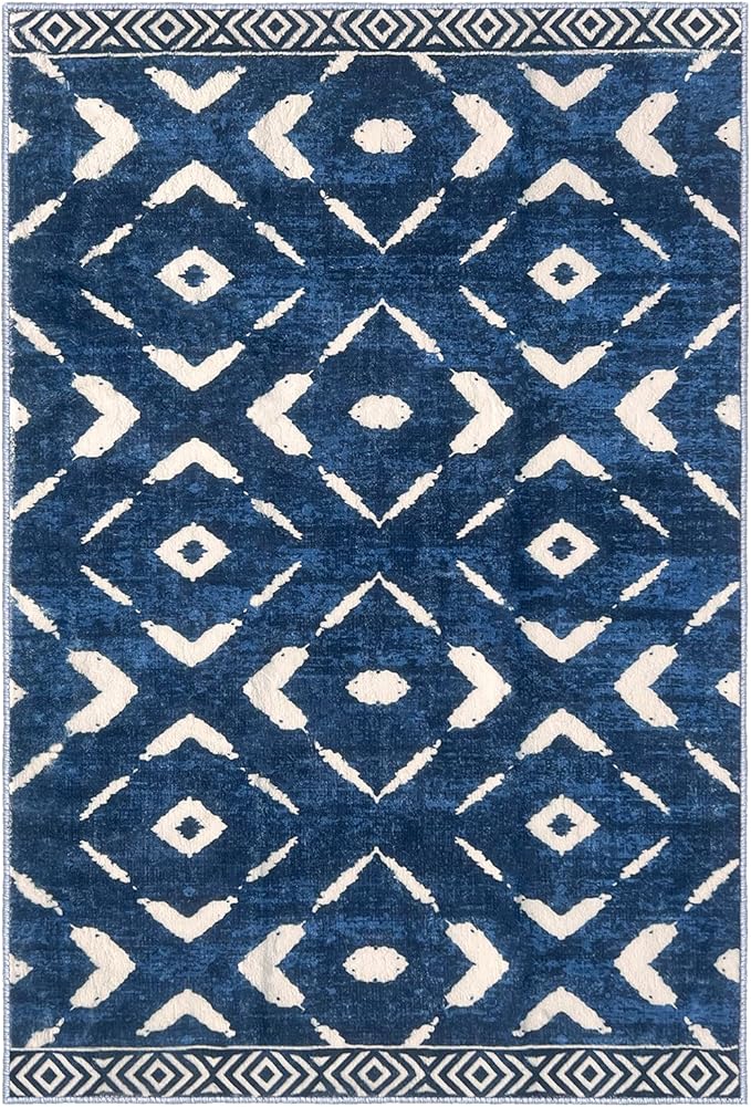 KILOCOCO Area Rug 3'x5' Rug for Entryway Washable Printed Bedroom Rugs Non Slip Boho Low-Pile Soft Rugs for Kitchen Dining Geometric Moroccan Carpet, Blue