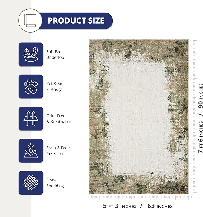 Abani Beige with Green Border Washable Area Rug – 5' x 8' – Classic Textured Design – Ivy Collection – Non-Shedding, Easy to Clean – Durable for High Traffic Areas – Living Room & Bedroom