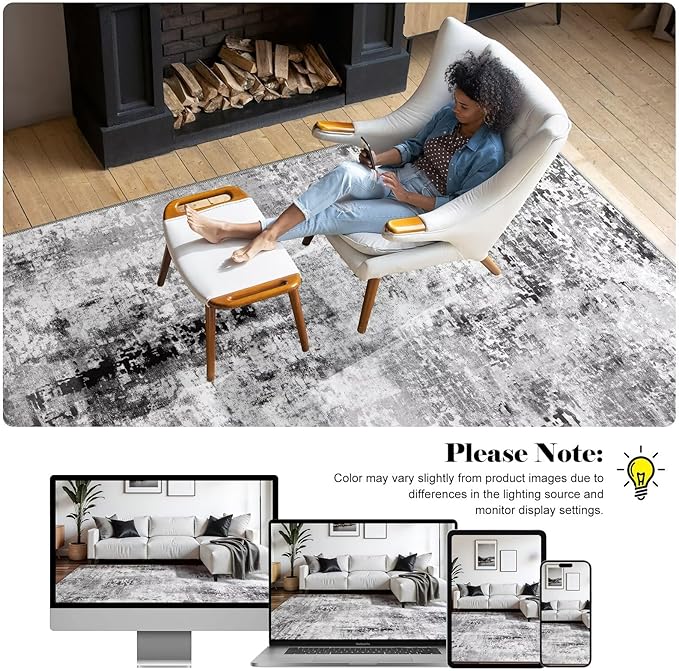 Washable Abstract Rug, 3x5 Modern Area Rugs with Non-Slip Rubber Backed for Bedroom, Thin but Soft Contemporary Carpet Kitchen Living Room Decor, Dark Grey