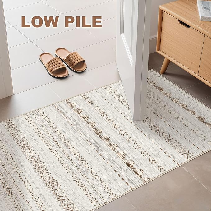 2X4 Rug Washable Area Rug: Small Soft Boho Farmhouse Neutral Moroccan Non Slip Indoor Low Pile Accent Floor Throw Carpet for Bedroom Bathroom Entryway Kitchen Hallway Closet Home Door - Brown