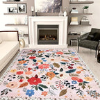 Floral Rug 4x6 Washable Low Pile Living Room Vintage Rug Soft Print Non-Slip Bedroom Carpet for Office Dining Room Home Decor（Pink）