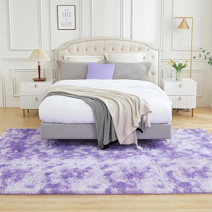 Andency 8x10 Area Rugs for Living Room, Non-Slip Fluffy Soft Large Shag Bedroom Carpet, Tie-Dyed Purple Big Indoor Thick Nursery Rug for Kids Dorm Home Decor Aesthetic
