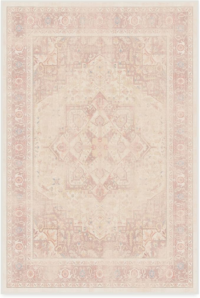 RUGGABLE Washable Area Rug – Kamran Soft Pink 4x6, Stain-Resistant, Non-Slip – Medium Machine Washable Rugs for Living Room, Bedroom, Hallway, Entryway & Office–with Standard Pad