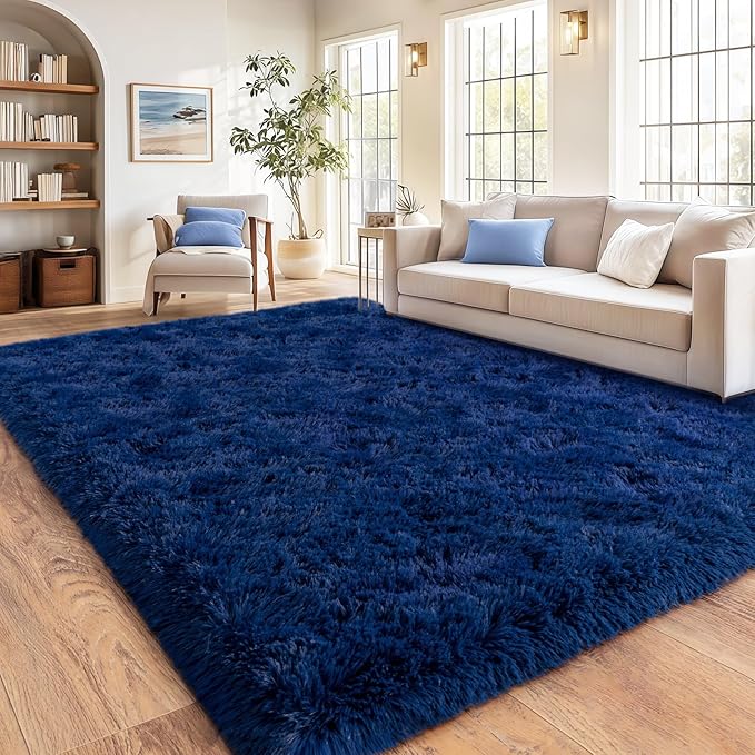 Shag Area Rugs for Living Room, Soft Fuzzy Plush Rugs, Upgrade Anti-Skid Modern Furry Rugs Fluffy Carpets for Kids Room Nursery Home Decor Dark Blue, 6X9 Feet