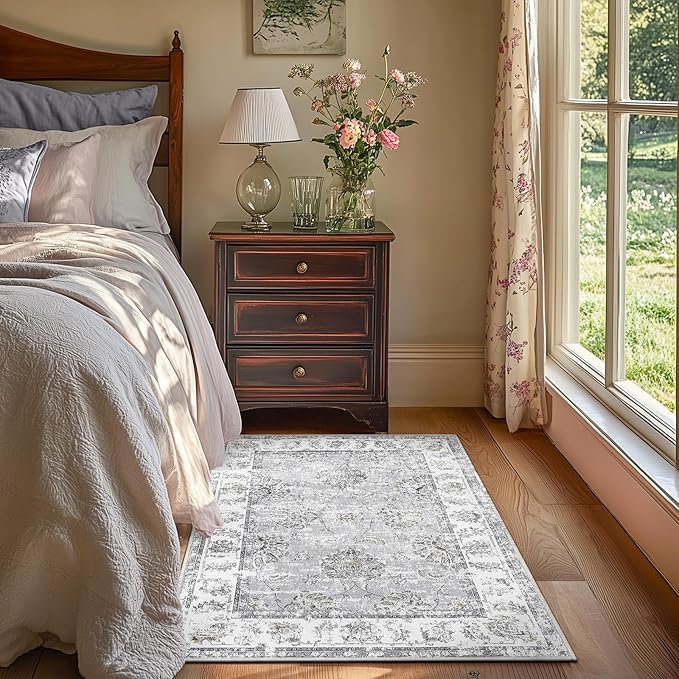 jinchan Fiora Floral 3x5 Area Rugs for Entryway - Machine Washable Taupe Vintage Distressed Design Doormat Non-Slip Ultra-Thin Low Pile Boho Rug for Kitchen Living Room Bedroom Farmhouse (3‘x5', Grey)