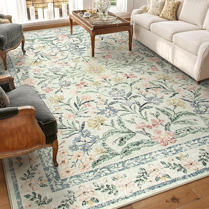 Morebes Washable Area Rugs 9x12 Living Room, Boho Large Cream Rugs for Farmhouse Non Slip, Soft Ultra-Thin Distressed Floral Carpet for Bedroom Nursery Girls Home Office Decor