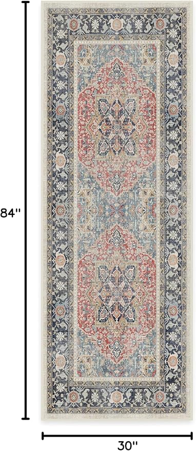 RUGGABLE Washable Vintage Runner Rug – Kamran Cayenne Red 2.5x7, Stain-Resistant, Non-Slip Hallway Runner – Machine Washable Rug for Hallway, Entryway, Living Room & Kitchen–with Cushioned Pad