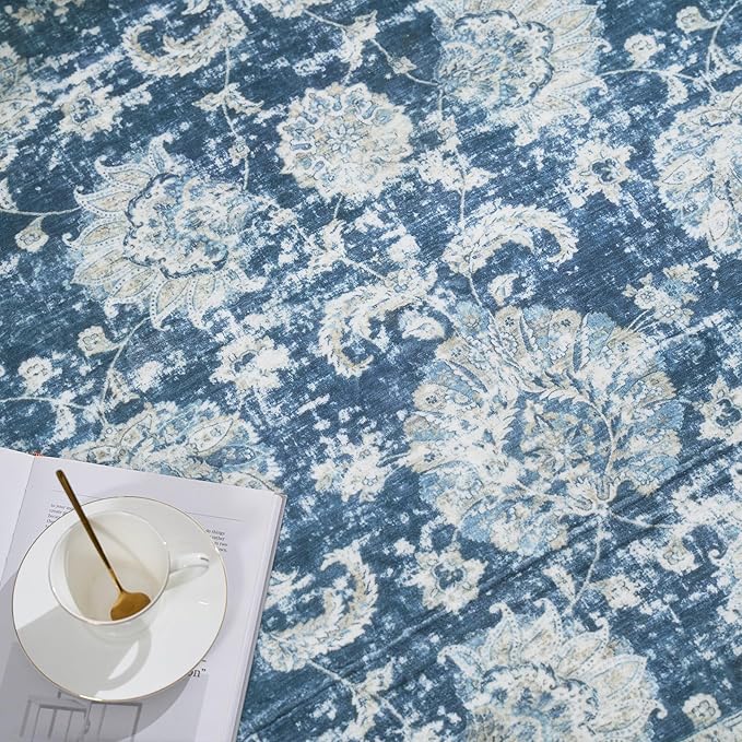 jinchan Fiora Round Rug 6ft Area Rug - Dark Blue Vintage Floor Mat Indoor Ultra-Thin Soft Floral Print - Washable Circle 6' Retro Accent for Farmhouse Non Slip Dining Room Living Room Bedroom Office