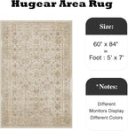HUGEAR 5x7 Area Rug Beige Vintage Machine Washable Living Room Rugs Distressed Retro Floral Vacuumable Low Pile Carpet Bedroom Office Dining Room Laundry Room Non Slip Soft Lightweight