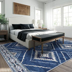 Area Rug 9x12 Rug Machine Washable Non-Slip Low Pile Print Pattern Western Rug for Living Room Bedroom Entryway Tribal Series -Blue/Gray