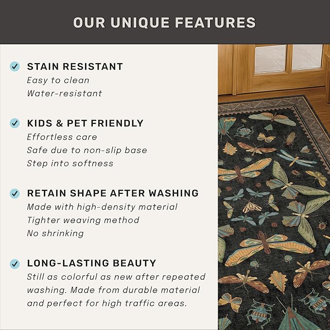 Living Room Rug Black Boho 6x9 - Dining Room Rugs for Under Table, Bedroom, Insect Bug Eclectic Home Décor, Washable Non Slip Foldable