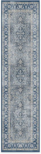 RUGGABLE Washable Vintage Runner Rug – Kamran Admiral Blue 2.5x10, Stain-Resistant, Non-Slip Hallway Runner – Machine Washable Rug for Hallway, Entryway, Living Room & Kitchen – with Cushioned Pad