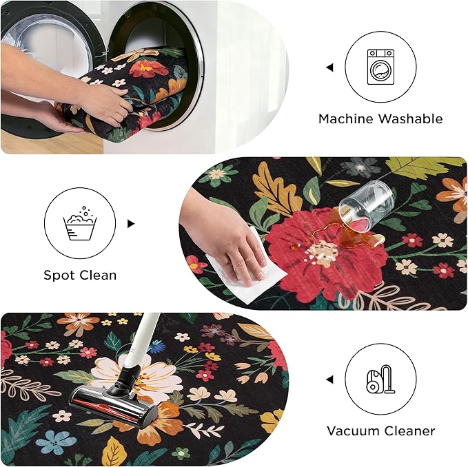 2x3 Washable Rug for Entryway, Floral Soft Small Area Rug, Non Slip Doormat Indoor Entrance Carpet, Flower Low Pile Front Door Throw Rug for Bedroom, Kitchen, Laundry, Bathroom, Black