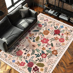 5x7 Area Rugs for Living Room Clearance Washable Boho Area Rug, Vintage Floral Non Slip Low Pile Large Rug for Living Room, Bedroom, Dining Room, Farmhouse (5 x 7 Beige Red)