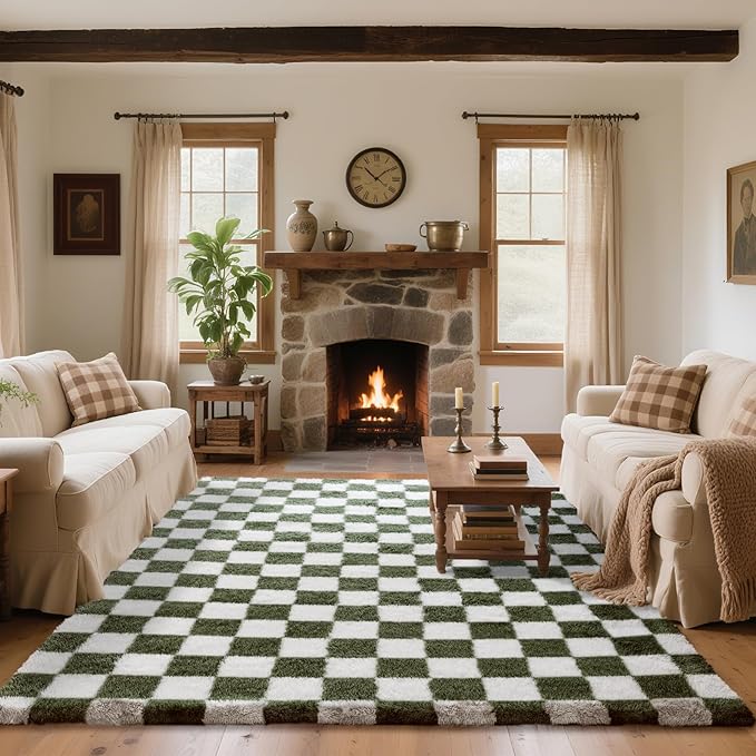 8x10 Area Rugs for Living Room Bedroom, Soft Fluffy Shaggy Bedside Rug, Indoor Floor Carpet for Kids Playroom, Dorms, Nursery Rooms, Home Decor (Olive Green & White 8'x10')