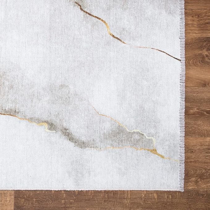Bloom Rugs Caria Washable Non-Slip 7 ft Runner - Ivory/Gold Modern Abstract Runner for Entryway, Hallway, Bathroom, and Kitchen - Exact Size: 2'6" x 7'